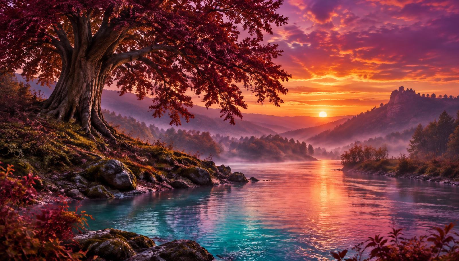Blutbuche an einem leuchtenden Fluss in der Abenddämmerung – Nature Flow