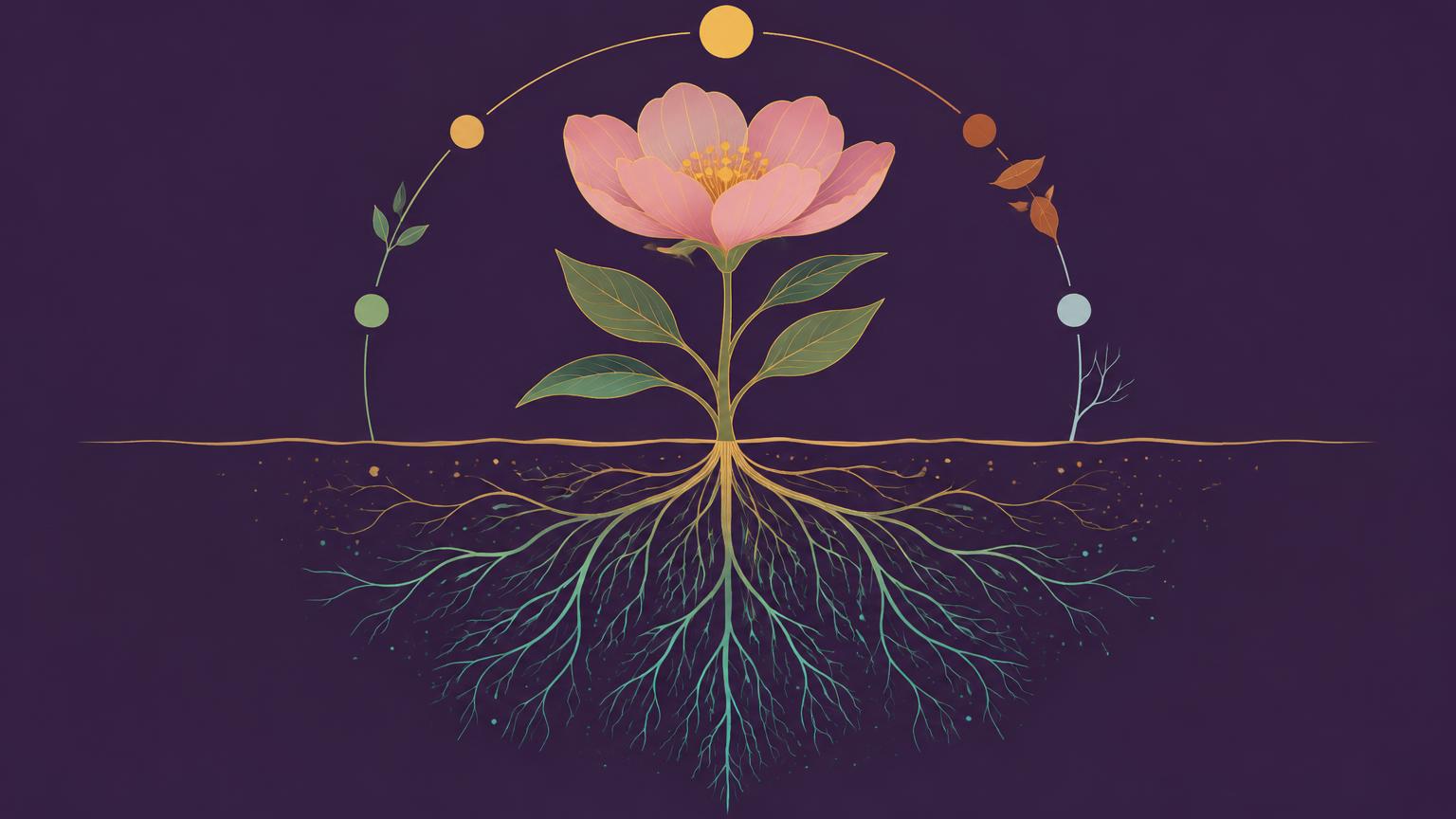 Grafische Pflanze: oben eine rosa Blüte, unten feine goldene und türkise Wurzeln, umrahmt vom Kreislauf der Jahreszeiten